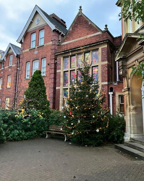 A lit display Christmas tree outside a red-brick school building
